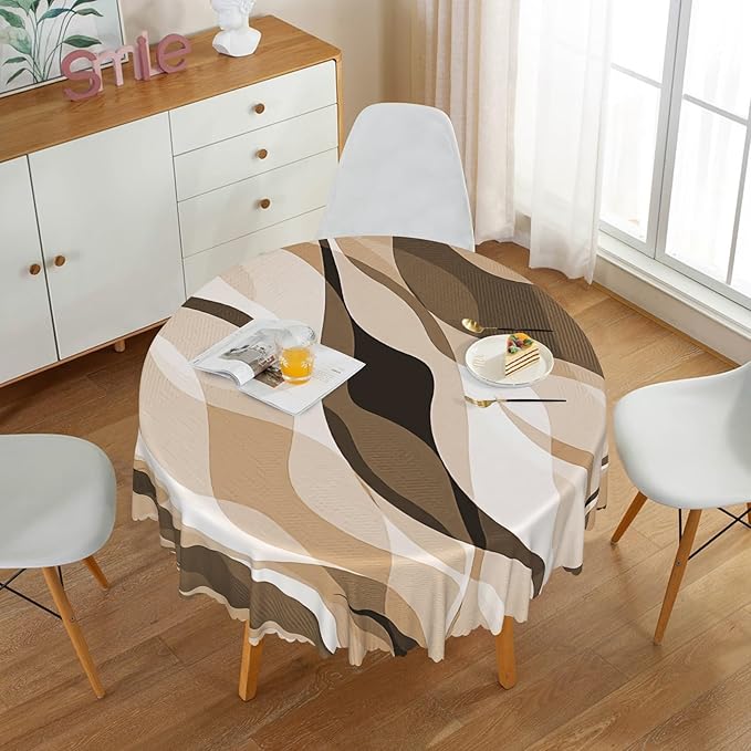 Laeacco 36 Inch Brown Modern Round Tablecloth Striped Geometric Abstract Art Print Table Cloth Washable Waterproof Wrinkle Free Table Cover for Kitchen Dining Picnic Party Decoration