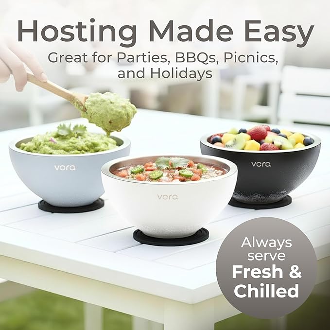 Vora 18oz Dip Chiller Bowl | Bright White Stainless Steel Chilled Dip Bowl for Dips, Guacamole, Hummus, Salsa | Insulated Serving Dishes with Easiest Water Fill & Refillable Chamber