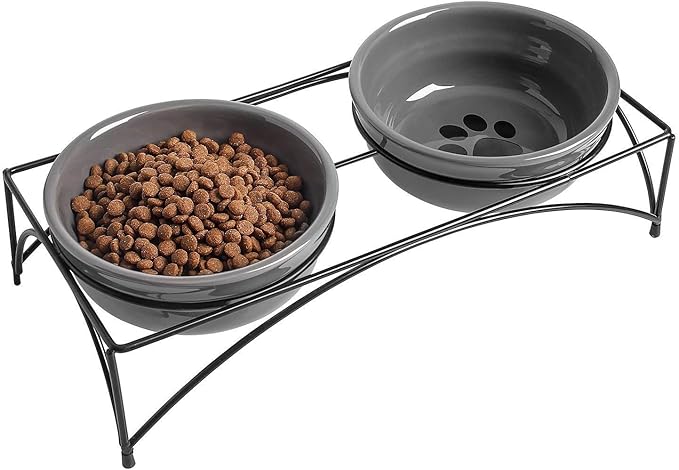 Y YHY Dog & Cat Food Bowls,12 OZ(1.5 Cup) Ceramic Raised Pet Bowls for Food and Water, Two Elevated Pet Dishes Bowls 2.75” Height Sturdy Metal Stand, Grey