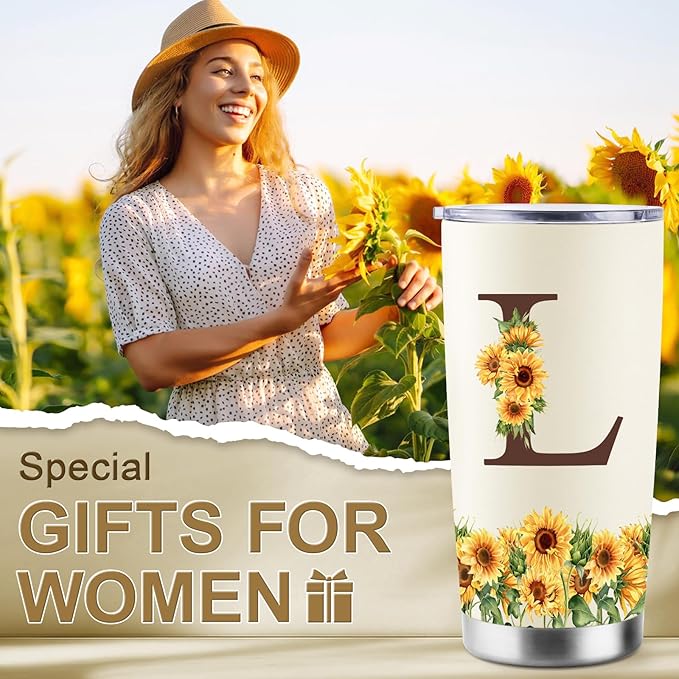 Sunflower Gifts for Women - Personalized Christmas Gifts for Women - Birthday Gift for Woman - Mothers Day Gift for Mom - Monogrammed, Initial 20oz Travel Cup Insulated Tumbler with Lid, L