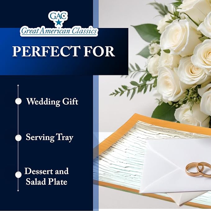 GAC Glass Serving Platter w/Gold Rain Flower Design - Rectangular Dinner Plates, Platters for Serving Food - Decorative Tray for Party - Microwave & Dishwasher Safe Serveware - 10x14 Inch