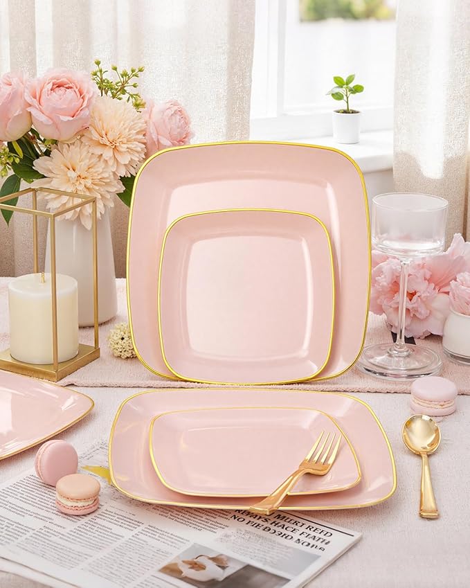 bUCLA 100PCS Pink Plastic Plates - Heavy Duty Square Pink and Gold Disposable - Include 50 Dinner 10 inch & 50 Dessert 7.25 inch Plates for Party & Valentines Day
