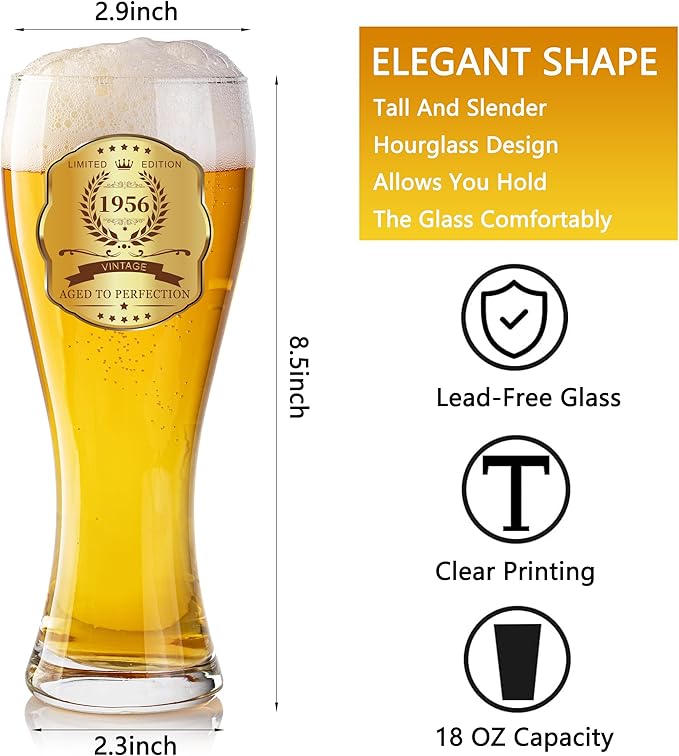 70th Birthday Beer Glasses Gifts, Personalized '1956' Vintage Glass Ware Set for Men, Black Gift Package with Drinking Glass, Coaster, and Card for 70 Years Old Man