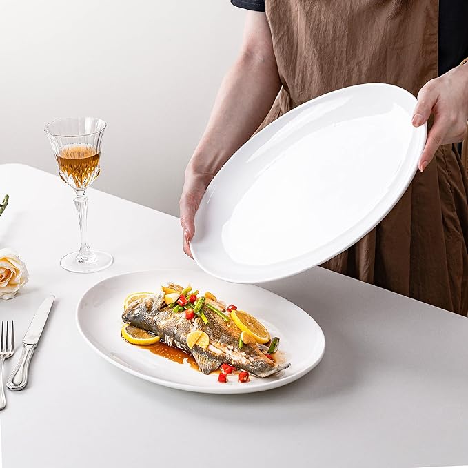 Serving Platters Set of 2 – 14 Inch Oval White Serving Platters, Large Porcelain Serving Platter Set for Party, Appetizers, Charcuterie, Sushi & Dessert, Microwave & Dishwasher Safe
