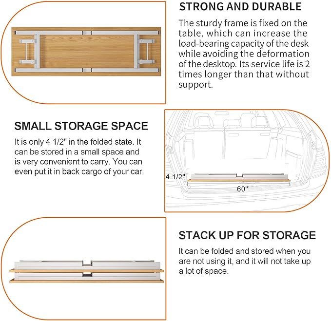 Need Folding Computer Desk, Large 60 inches Folding Table for Home Office, No Install Needed Foldable Writing Table Desk, Teak and White