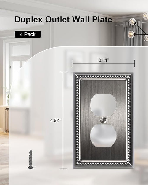 4-Pack Duplex Outlet Cover, Silver Metal Wall Plates for Electrical Outlets, 1 Gang Receptacle Light Switch Cover, Pearls Beaded Decorative Switch Plates and Outlet Covers