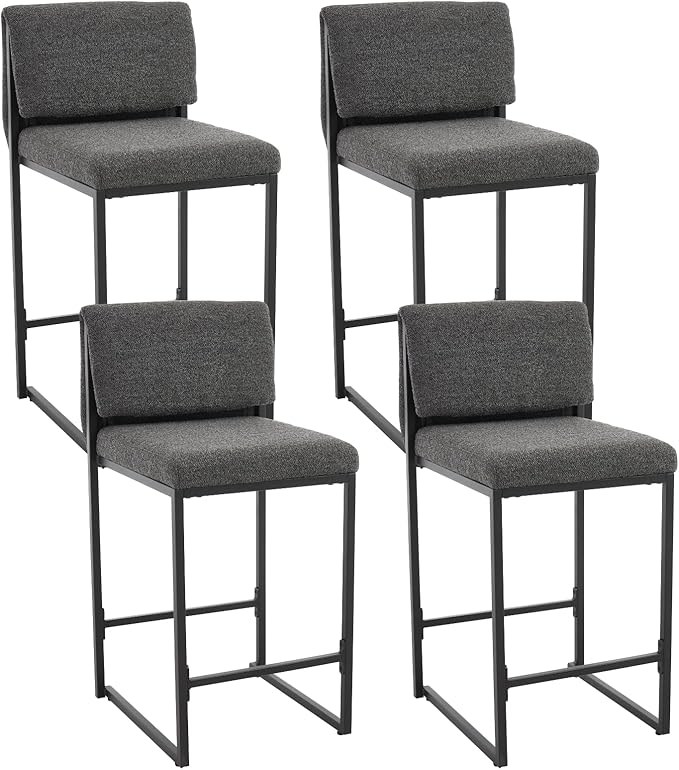 Modern Barstools Set of 4, 26” Upholstered Counter Height Bar Stools Sherpa Fabric Counter Stools with Padded Back Metal Frame for Kitchen Island Dining Room, Black