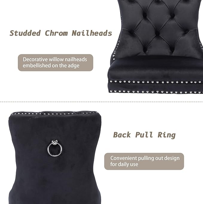 KCC Velvet Dining Chairs Set of 4, Upholstered High-end Tufted Dining Room Chair with Nailhead Back Ring Pull Trim Solid Wood Legs, Nikki Collection Modern Style for Kitchen, Black