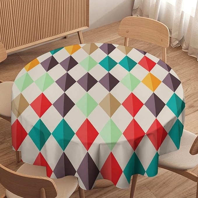 Abstract Geometric Round Tablecloth, Modern Mid Century Background Mid Century Colorful Print Pattern Tablecloth for Home Party Dining Room Kitchen Decor 50Inch(127cm)