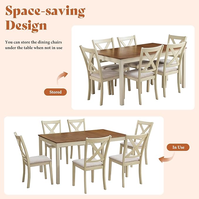 AMERLIFE 7-Piece Farmhouse Solid Wood Dining Table Set with 6 Upholstered Chairs, 60" Space Saving Dinner Table & Chairs Set, for Dining Room, Kitchen, Restaurant, Rustic Cream