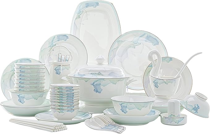60 Pcs Fine Bone China Dinnerware Set, Porcelain&Ceramic Dinnerware Sets,Bone Stoneware&Ceramic Cookware Tableware Set Includes Dinner Plates|Spoons|Pasta Bowls|Soup Pot|Chopsticks