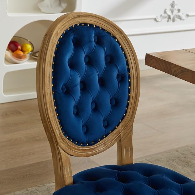 Ball & Cast French Vintage Upholstered Dining Chairs Set of 2, Button Tufted Kitchen Side-Chairs with Carved Antique Wood Frame & Nailhead Trims, 2-Piece Curved Backrest Louis Chair, Velvet Blue