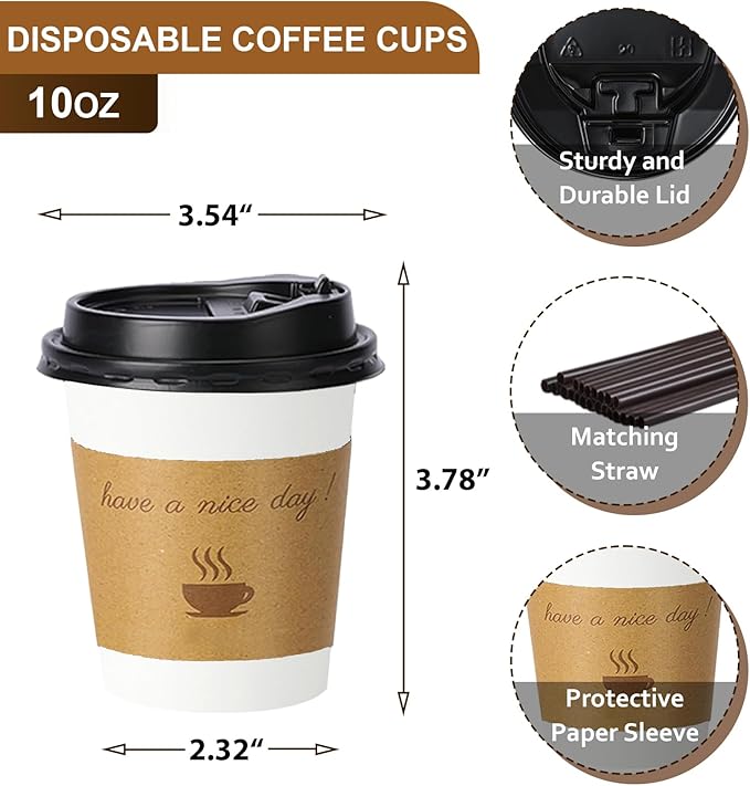 100 pack 10 oz Disposable Coffee Cups with Lids,To Go Coffee Cups for Home, Office, Cafes and Party (White 10oz)