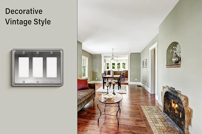 Henne Bery Rope Edge Decorative Wall Plate Switch Plate Outlet Cover (Triple Decorator, Heirloom Silver)