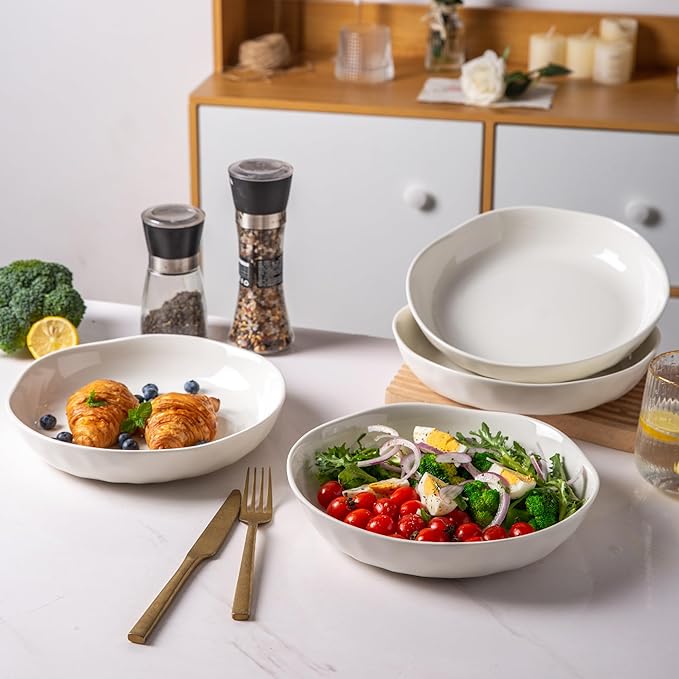 LERATIO 9.75 "Ceramic Flat Pasta Bowls, Wavy Rim 38oz Large Bowls Set of 4 for Kitchen,Modern Porcelain Stoneware pasta bowls,Dishwasher & Microwave & Oven Safe Bowls with for Pasta-White