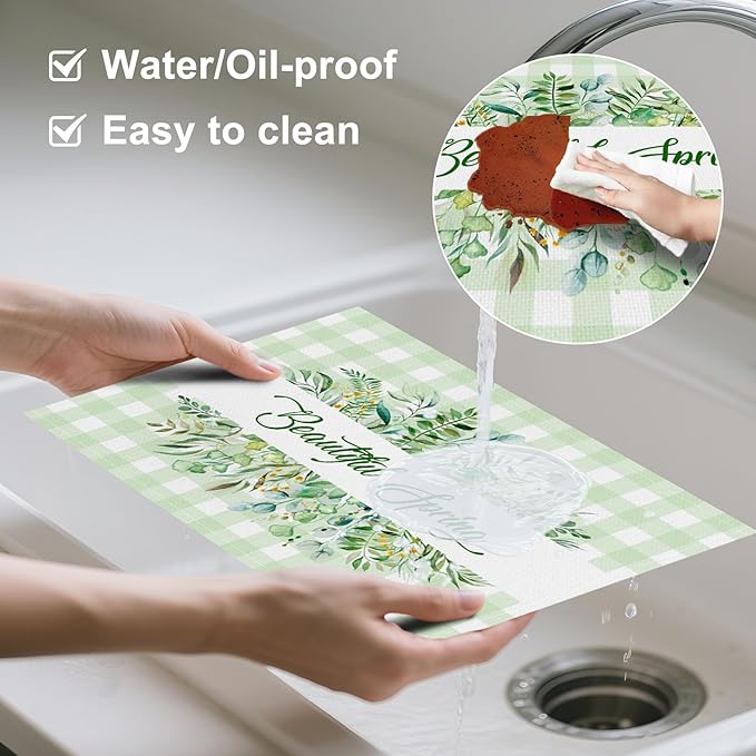 AOFOTO Green Plaid Placemats Set of 4 Beautiful Spring Leaves Printed Place Mats Washable Rectangular Table Mats for Party Home Kitchen Restaurant Dining Table Decor 12x18 Inch