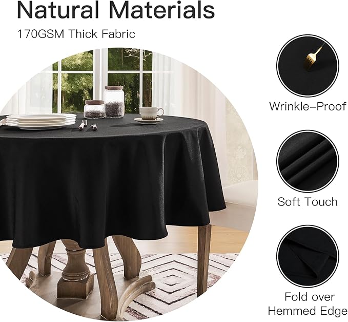 Tablecloth Linen Textured Waterproof & Stain Resistant Table Cloth Wrinkle Free Decorative Fabric Farmhouse Table Cover for Dining/Party/Buffet/Wedding, 60 x 60 Inch, Black