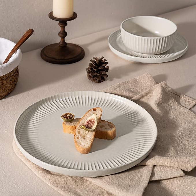 Famiware Starlight Plates and Bowls Dishes Set of 8 (24 Pieces), Ribbed Textured Stoneware Dinnerware Sets- Dishwasher & Microwave Safe, Chip Resistant, Matte Reactive White