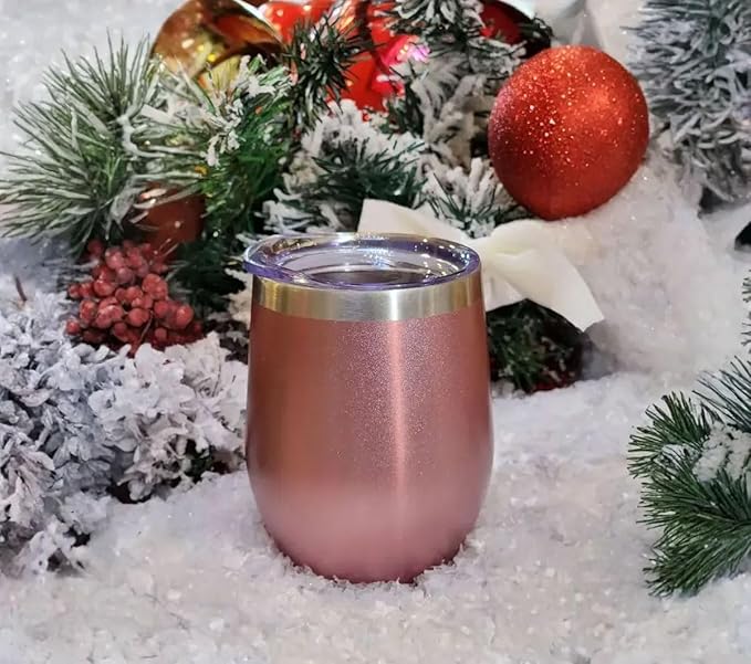CHILLOUT LIFE 12 oz Stainless Steel Wine Tumblers 4 Pack - Double Wall Vacuum Insulated Wine Glasses Cups with Lids and Straws Set Keeping Cold & Hot for Coffee, Beer, Ice Cream - Rose Gold
