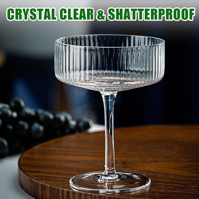12 Pcs Acrylic Martini Glasses, 10oz Shatterproof Plastic Champagne Tower, Unbreakable Ribbed Coupe Glasses, Stem Cocktail Glassware Set, Manhattan Goblet for Wedding Birthday Party Bar