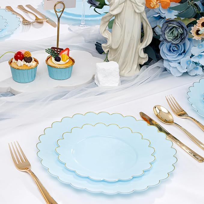 LIYH 60 Pcs Baby Blue Plastic Plates with Gold Edge - Disposable Light Blue Plastic Plates Includes 30 Dinner Plate 10.25" and 30 Dessert Plate 7.5" for Party Birthday