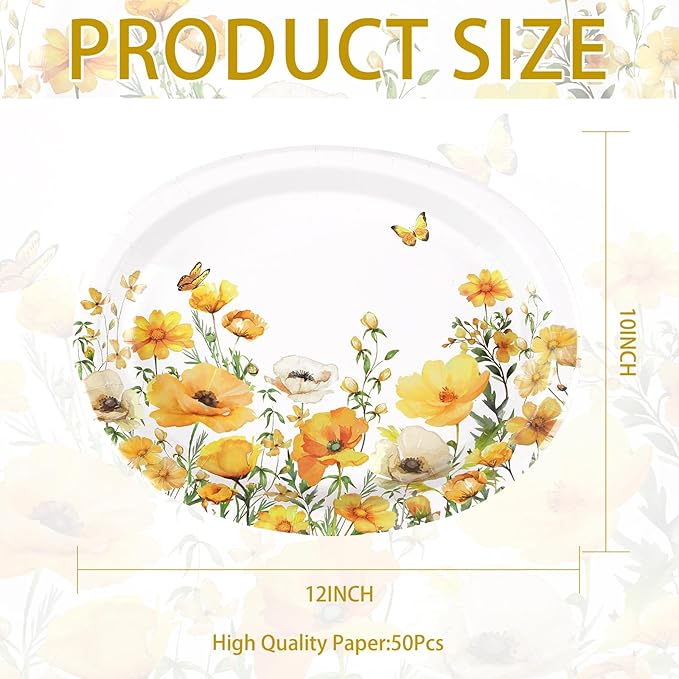50Pcs Spring Floral Oval Paper Plates 10" x 12" Large Disposable Heavy Duty Watercolor Calliopsis Flower Platters Yellow Flowers Dessert Plates for Seasonal Lunch Dinner Birthday Party Supplies
