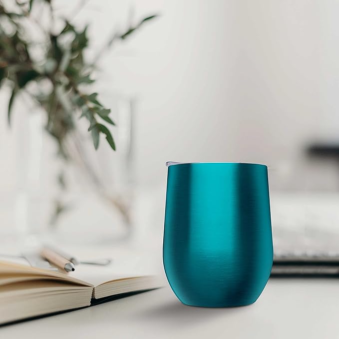 DISCOUNT PROMOS Stemless Wine Glass Tumblers with Lids by Largo 11 oz. Set of 6, Bulk Pack - Perfect for Wine, Cocktails, Other Hot & Cold Beverages - Teal