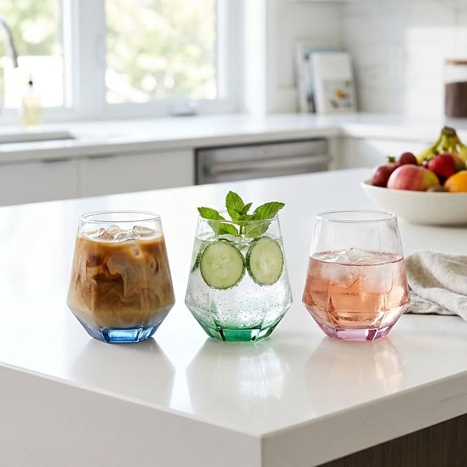 ColoVie Stemless Wine Glasses Set of 6, Cocktail Glasses, Diamond Shaped Wine Glasses for White or Red Wine, Unique Colorful Drinking Glasses,10 oz Easy Hold, Cute, Dishwasher Safe
