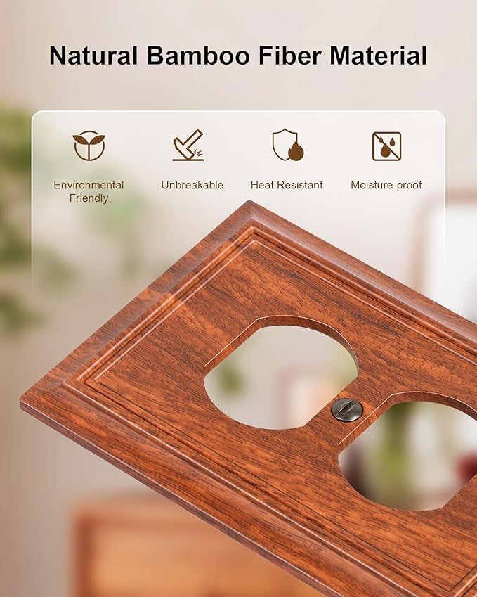 4-Pack Duplex Outlet Cover Plate, Decorative Wood Grain Switch Plates and Outlet Covers, Natural Bamboo Fiber Wall Plates for Electrical Outlets, 1 Gang Receptacle Cover, Corrosion Resistant
