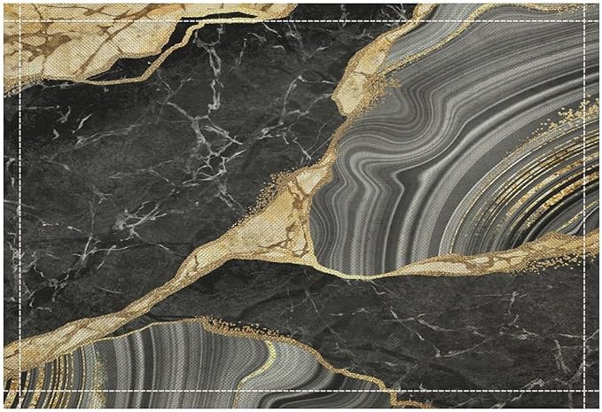 Marble Linen Placemats Set of 4, Modern Abstract Foil Stone Texture Black Gold Grey Marble Washable Cloth Place Mats, Non-Slip Dining Table Placemats for Home Kitchen Party Banquets Decor 12x17 Inch