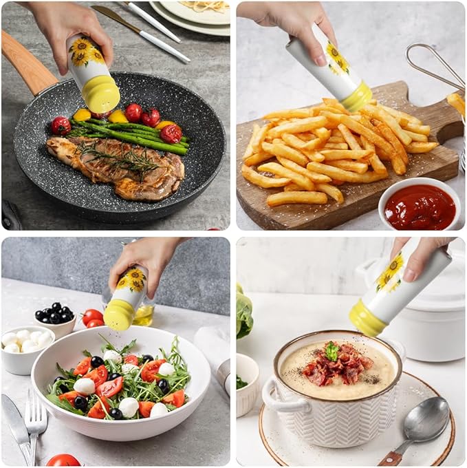 Salt and Pepper Shakers - Farmhouse Sunflower Salt and Pepper Shakers Set with Metal Holder & Refill Funnel, Countryside Dining Accessories for Cottage Homes & Outdoor Picnics (Gift Box Ready)