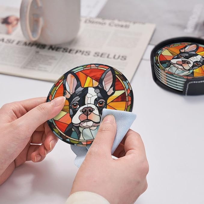 Drink Coaster Set of 6, Boston Terrier Dog Mom Lover Gift,Leather Drink Coasters with Holder,6 Pack Cup/Bar/Drink Coasters for Table/Drinks/Coffee Protection Housewarming Gift