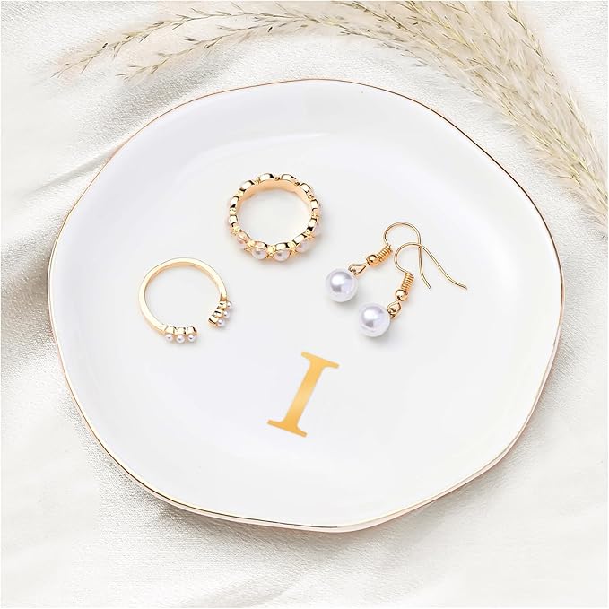 ProCase Ceramic Jewelry Tray, Initial Ring Dish Trinket Plate Engagement Gift, Small Personalized Monogram Ring Bowl for Wedding, White Decorative Jewelry Holder for Women Vanity -Letter I