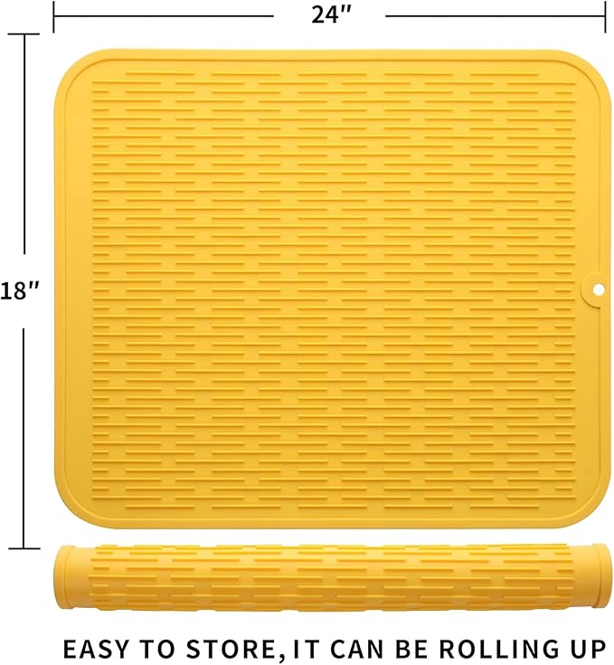 Silicone Dish Drying Mat for Multiple Usage,Easy clean,Eco-friendly,Heat-resistant Silicone Mat for Kitchen Counter or Sink,Refrigerator or Drawer Liner Yellow 2XL 24 inches x 18 inches