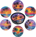 Sunset Beach Coasters for Drinks with Holder Round Leather Coasters Set of 6 Cups Mugs Mat Pad for Home Kitchen Bar