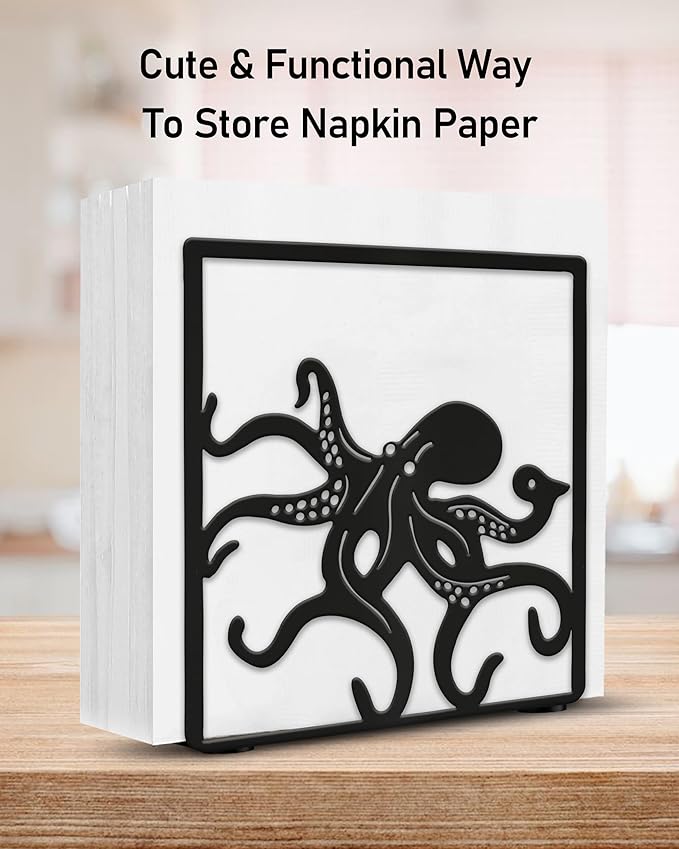 Octopus Napkin Holder for Table Countertops, Matte Black Decorative Standing Napkin Dispenser for Kitchen Dining Outdoor, Farmhouse Metal Paper Cocktail Napkin Storage Holder