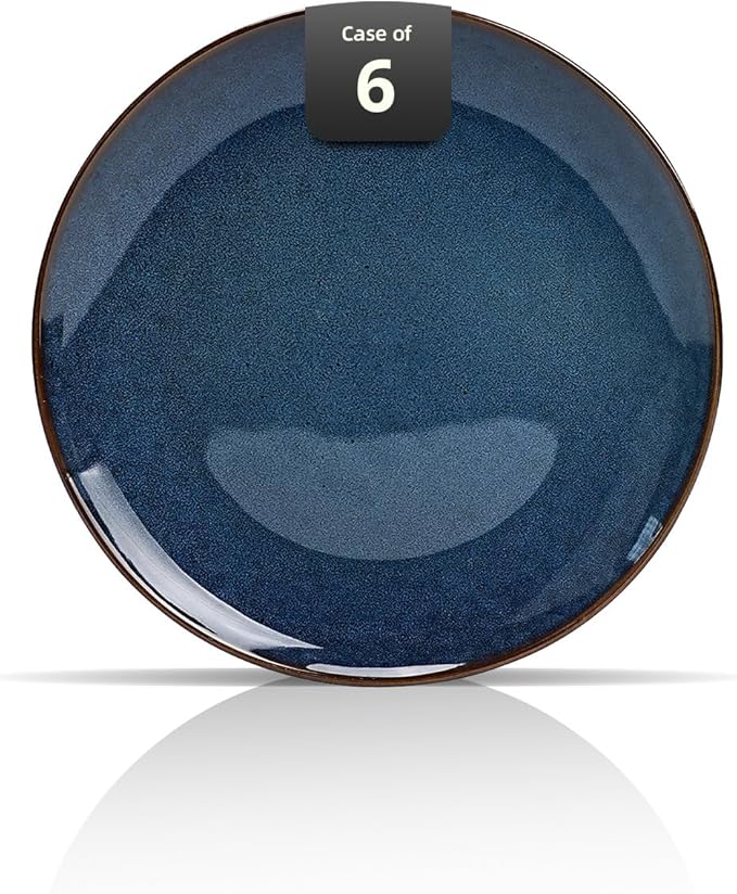 Organic Shape Highland Ceramic Dinner Plates, 6pcs 10.5 Inch Handmade Reactive Glaze Dinnerware Sets with Wavy Edge, for Kitchen, Microwave & Dishwasher Safe, Scratch Resistant-Blue