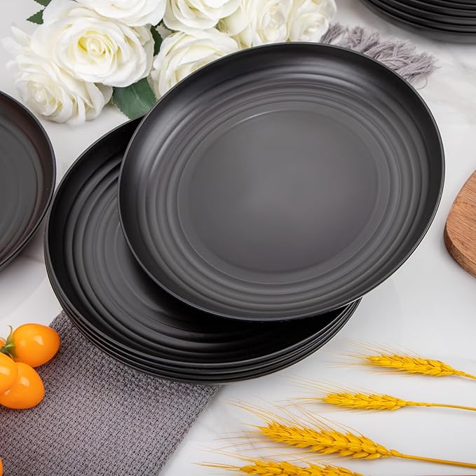 LIYH 20 Pcs Wheat Straw Black Plastic Plates - 9 Inch Unbreakable Dinner Plate Reusable, Dishwasher & Microwave Safe, Camping Outdoor Plates