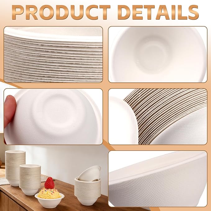 LeonBach 150 Pack 6oz Natural Bagasse Fiber Bowls, Small Disposable Paper Bowls Microwavable Safe Sample Snack Cups Charcuterie Serving Cups for Sauce Portion Condiment Ice Cream Desserts, White