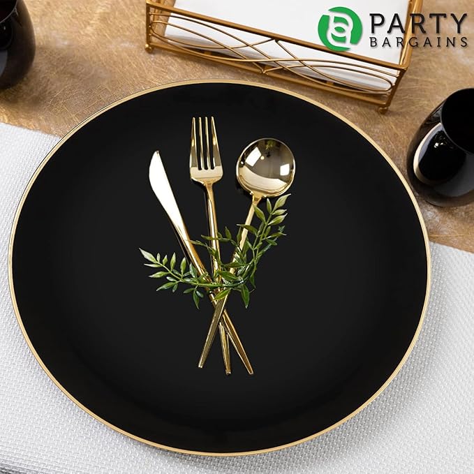 PARTY BARGAINS 13-Inch Charger Plates - 16 Pack, Organic Collection Black Gold Rim, Heavy-Duty Disposable Chargers for Elegant Dining - Ideal for Weddings and Formal Events
