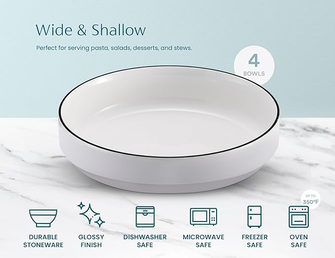 KooK Ceramic Large Pasta Bowls, Microwave and Dishwasher Safe, Great for Soups and Salads, Shallow Serving Bowls, Glossy Porcelain, 47 oz, Set of 4, French
