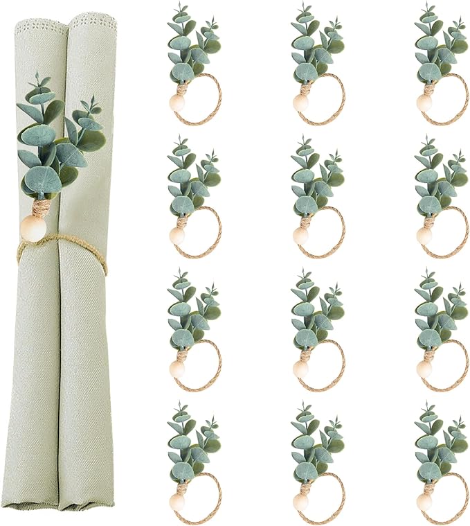 Defined Deco Napkin Rings Set of 12, Rustic Farmhouse, Boho Green Leaf Napkin Rings for Spring Summer, Thanksgiving Christmas,