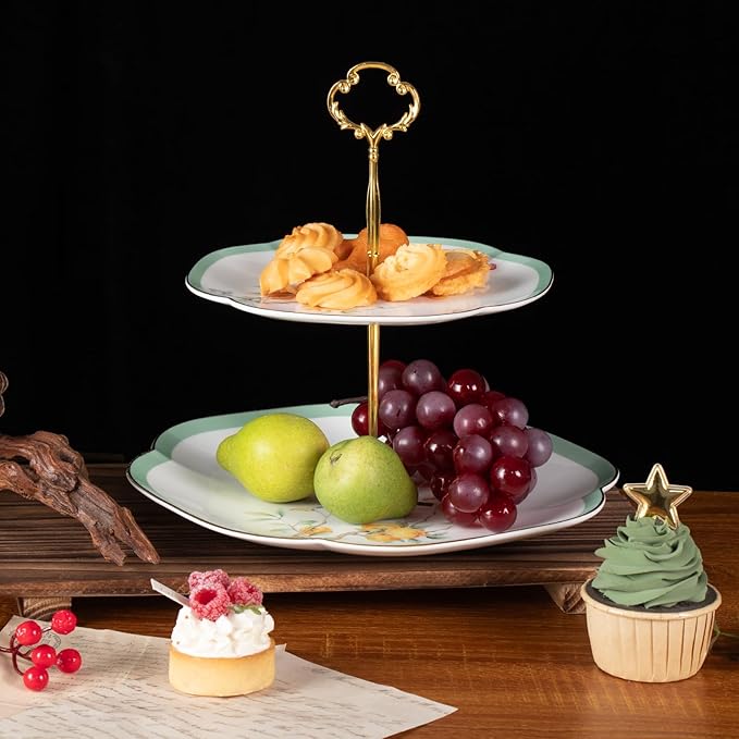KAMMAK 2-Tier Porcelain Cupcake Stand Serving Tray, Dessert Plates Cake Fruit Candy Display Tower, Reusable Pastry Platter for Wedding Birthday Baby Shower Tea Party Decorations (Reed Green)