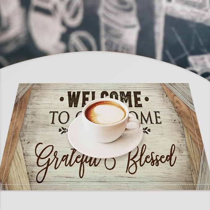 Vintage Farmhouse Placemat Set, Beige White Rustic Wooden Plank Patchwork Welcome Home Letter Inspirational Quotes Pattern Home Decor Linen Table Mats for Dining Room Kitchen Party (17x12in) x6P