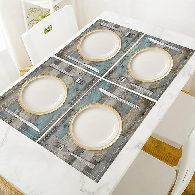 Rustic Plank Placemat Set, Vintage Old Shabby Colorful Beige Brown Blue Farmhouse Barn Wooden Board Pattern Home Decor Linen Table Mats for Dining Room Kitchen Party (17x12in) x6P