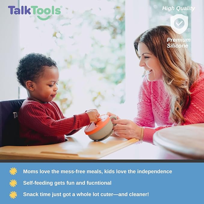 TalkTools Itsy Bowl with Locking Lid - Platinum grade silicone with Volume Lines, Curved Walls for Easy Scooping - for Babies, Toddlers, Children, and Elderly - Snack Cup Lid Accessory (Tangerine)