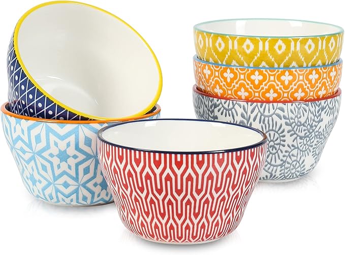 Selamica Ceramic 8oz Bouillon Cups 4 Inch Small Bowls, Dessert bowls for Soup Dipping Sauce Coffee Cupping, Microwave Dishwasher Safe, Set of 6, Assorted Colors