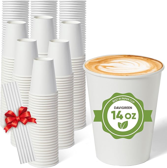16 oz Paper Cups – 100 Pack with 50 Paper Straws | White Disposable Hot Cold Cups for Coffee, Tea & Cold Drinks | Paper Tested Under FDA 21 CFR 176.170 by SGS