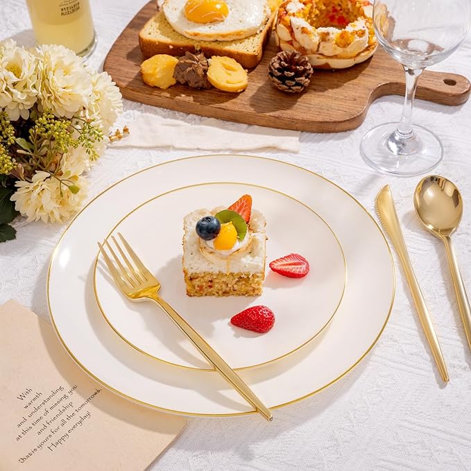 bUCLA 100PCS Ivory Plastic Plates with Gold Rim - Heavy Duty Cream Disposable Include 50 Dinner 10 inch & 50 Dessert 7 inch, for Party & Wedding