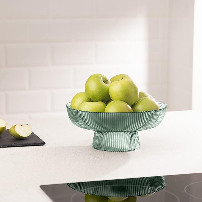 Navaris Glass Fruit Bowl - Decorative Fluted Colored Table Centerpiece Dish - 10.2" Diameter Green Tinted Bowl for Snacks and Candy
